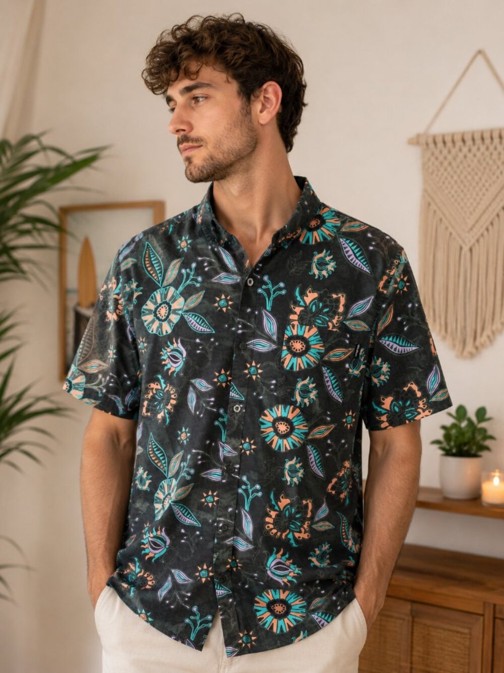 Molokai Surf Co Tropical Floral Button-Up Shirt | 100% Cotton Hawaiian Shirt | S